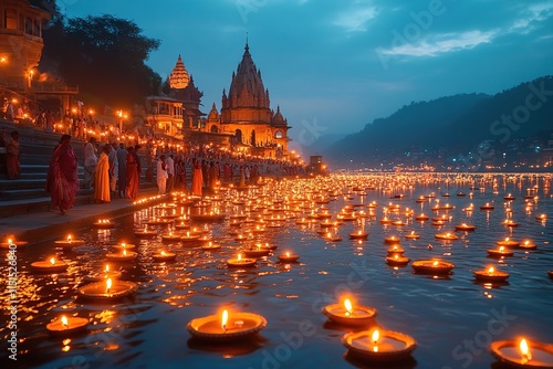 A panoramic view of the Ganges River in Varanasi, India, with thousands of oil lamps floating on its surface during the Diwali festival night. photo