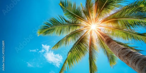 Wallpaper Mural A close up view captures the lens flare effect of a towering coconut palm stretching toward the horizon under a bright, clear blue sky. Torontodigital.ca