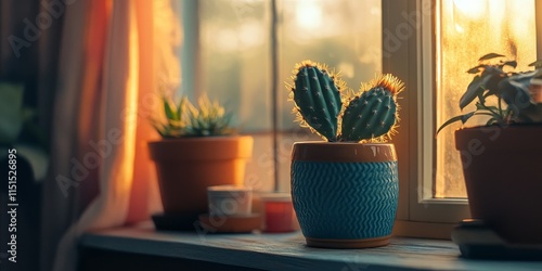 Wallpaper Mural A charming and cozy cactus sits by the window, adding a touch of warmth and character to the space. The cozy atmosphere is enhanced by its presence near the window. Torontodigital.ca