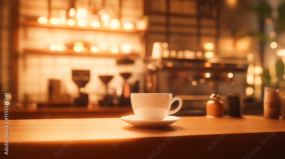 A white coffee cup placed on the counter of a cozy coffee shop A white coffee cup placed on the counter of a cozy coffee shop