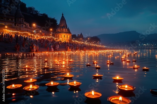 A panoramic view of the Ganges River in Varanasi, India, with thousands of oil lamps floating on its surface during the Diwali festival night. photo