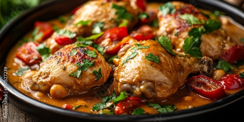 Authentic chicken mafe crafted with peanut sauce, featuring tomatoes, peppers, and coconut milk, presented in a close up view on a plate. This authentic chicken mafe is a delicious dish. photo