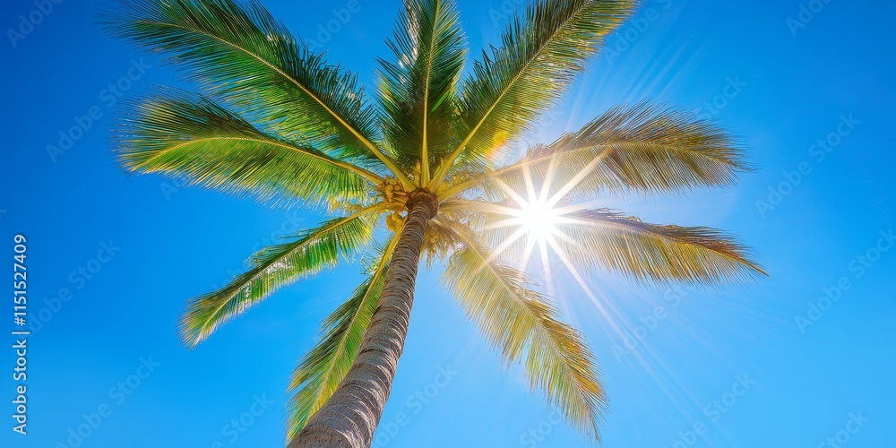 custom made wallpaper toronto digitalA close up view captures the lens flare effect of a towering coconut palm stretching toward the horizon under a bright, clear blue sky.