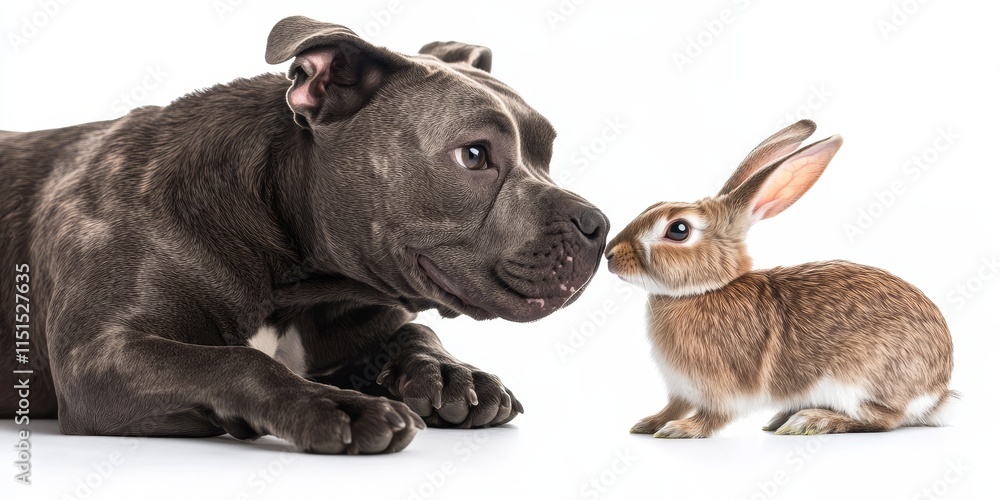 Obraz premium Staffordshire Bull Terrier and rabbit interaction on a clean white background, showcasing the Staffordshire Bull Terrier s friendly demeanor alongside the rabbit s charm and playfulness.