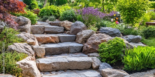 Fototapeta Naklejka Na Ścianę i Meble -  Stunning garden features big rock and stone stairs, complemented by beautiful plants that enhance the serene atmosphere. Explore how big rock and stone stairs create a captivating outdoor space.