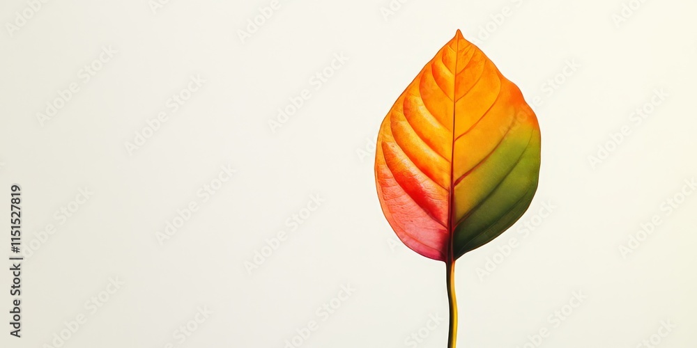 Obraz premium A solitary tropical leaf stands out against a white backdrop, highlighting its vibrant colors and unique shape, showcasing natures beauty in isolation.