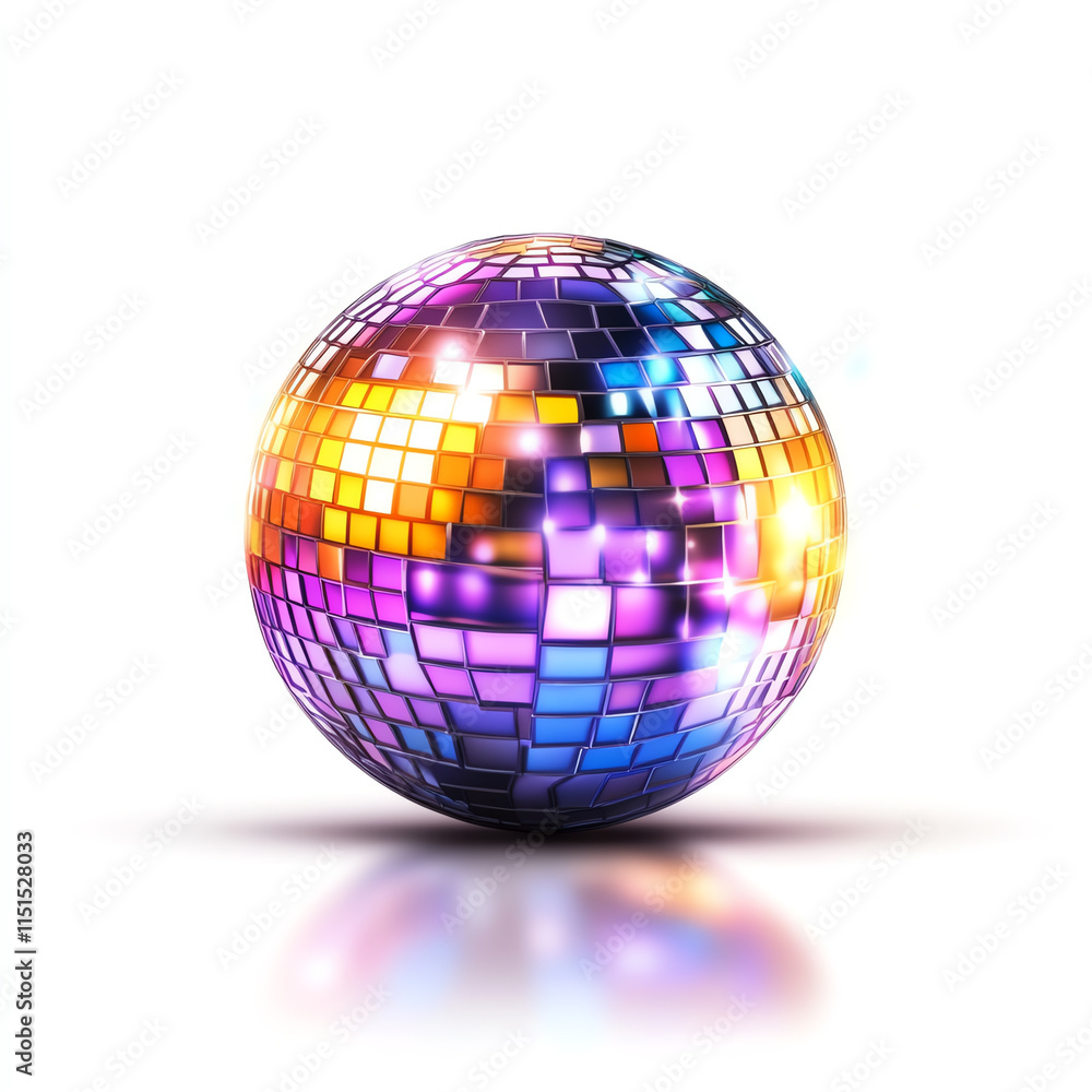 A vibrant disco ball reflecting colorful lights on a white isolated background. A vibrant disco ball reflecting colorful lights on a white isolated background.
