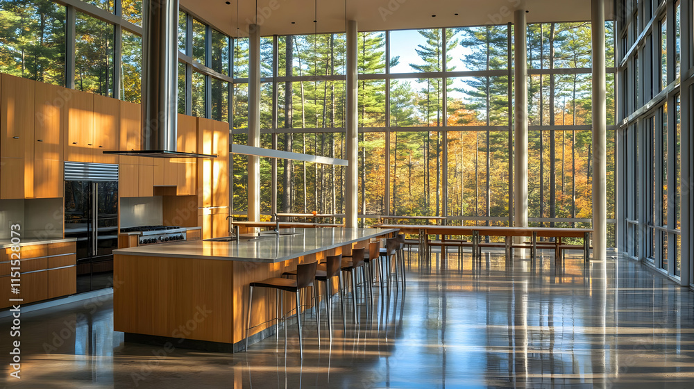Modern Kitchen with Panoramic Autumn View Modern Kitchen with Panoramic Autumn View