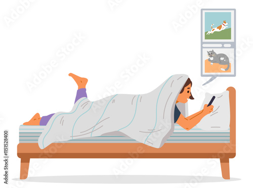 Teenage girl laying in bed scrolling social media flat vector illustration isolated on white.