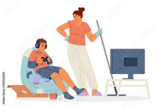 Mother arguing with video game addicted teen son flat vector illustration isolated on white. Teenage boy playing and ignoring angry mother.