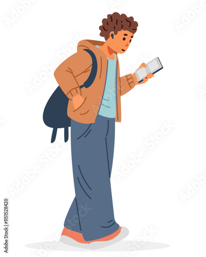 Teenager school boy with backpack walking playing smartphone flat vector illustration isolated on white.