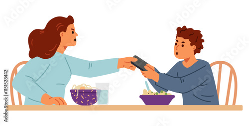 Angry mother takes away a smartphone from her teenage son at the dinner table flat vector illustration isolated on white.