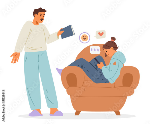 Father arguing with his daughter teenager with social media addiction flat vector illustration isolated on white. 