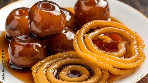 Indian sweet desserts with gulab jamuns soaking in syrup and jalebis drizzled with saffron syrup, evoking festive celebrations. photo