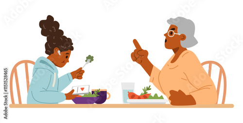 African American grandmother arguing with her granddaughter teenager who is using smartphone during dinner flat vector illustration isolated on white. Gadget addiction problem.