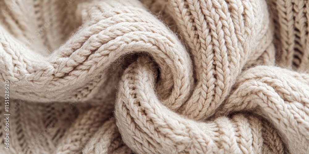 Fototapeta premium Beige pattern background texture featuring knitted fabric made of cotton or wool. This image captures a close up view of the beige knitted fabric, showcasing its intricate textures and patterns.