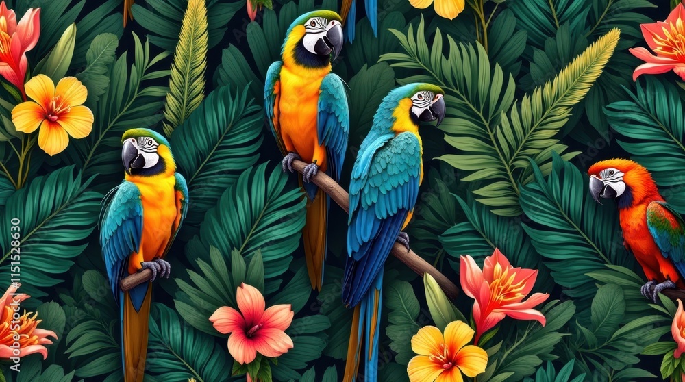 Fototapeta premium Tropical Parrot and Exotic Flower Seamless Pattern