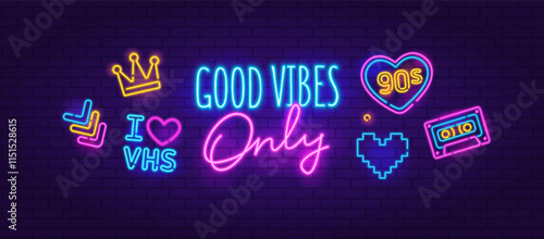 Neon sign Good Vibes Only with neon icons cafe or bar in 90s style. Neon signboard, light banner with text Good Vibes Only. Neon sign for night club, music, party. Editable vector