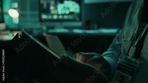 Tilting side closeup of mature Caucasian serviceman in uniform with shoulder patches operating digital satellite reconnaissance system on tablet, during night duty at command center