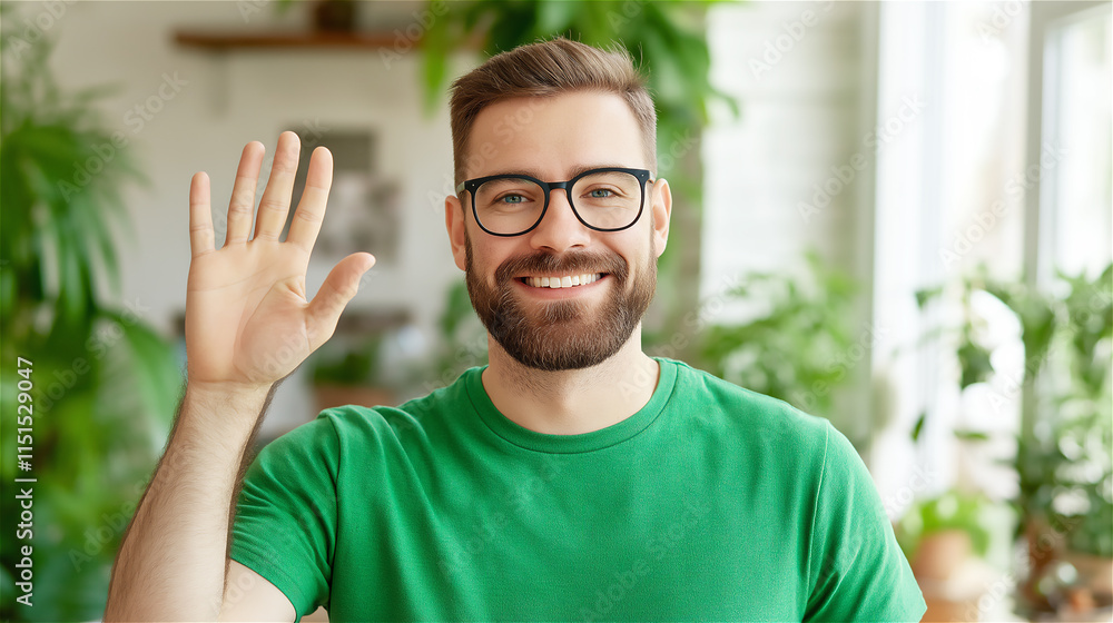 A cheerful bearded man in a green shirt waving at the camera in a bright indoor space. Represents friendliness, casual interaction, and positivity. A cheerful bearded man in a green shirt waving at the camera in a bright indoor space. Represents friendliness, casual interaction, and positivity.