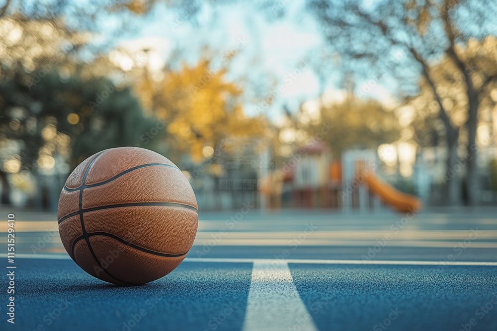 Close-up of a basketball on the court, with a blurred background featuring a park and playground Close-up of a basketball on the court, with a blurred background featuring a park and playground