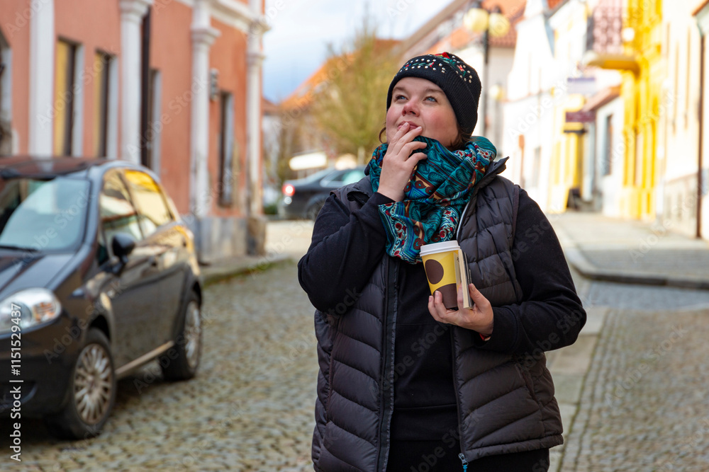 A woman walking through the city on an autumn day.