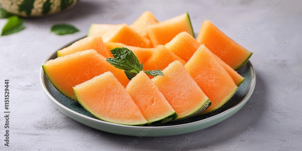 Fresh slices of cantaloupe melon arranged on a plate, showcasing the vibrant color and juicy texture of cantaloupe melon. Enjoy the refreshing taste of cantaloupe melon in every bite. Fresh slices of cantaloupe melon arranged on a plate, showcasing the vibrant color and juicy texture of cantaloupe melon. Enjoy the refreshing taste of cantaloupe melon in every bite.