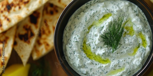 Traditional Tzatziki dip sauce created with cucumber, sour cream, Greek yogurt, lemon juice, olive oil, and fresh dill weed, served alongside toasted Za atar Pita bread, captured from a top view. photo