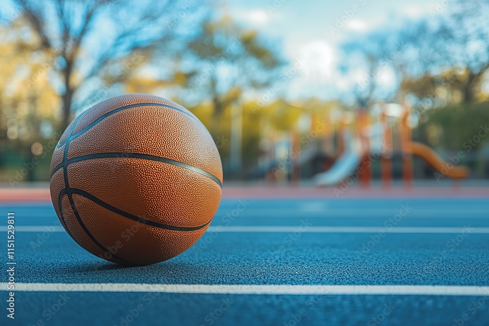Close-up of a basketball on the court, with a blurred background featuring a park and playground Close-up of a basketball on the court, with a blurred background featuring a park and playground
