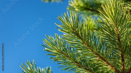 Pine tree with vibrant green needles stands tall against a clear blue sky, creating a striking visual of nature s beauty. The green needles of the pine tree contrast beautifully with the sky.