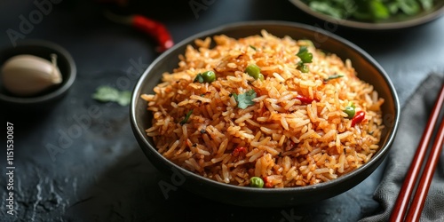 Schezwan Fried Rice Masala is a well loved Indo Chinese dish, often enjoyed in a bowl or plate, paired with chopsticks for a delightful experience. Savor the flavors of Schezwan Fried Rice Masala. photo