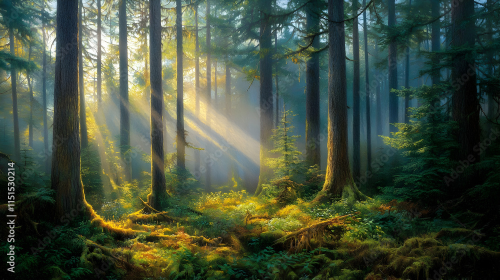 Fototapeta premium Sunbeams in a Misty Forest: A Serene Landscape