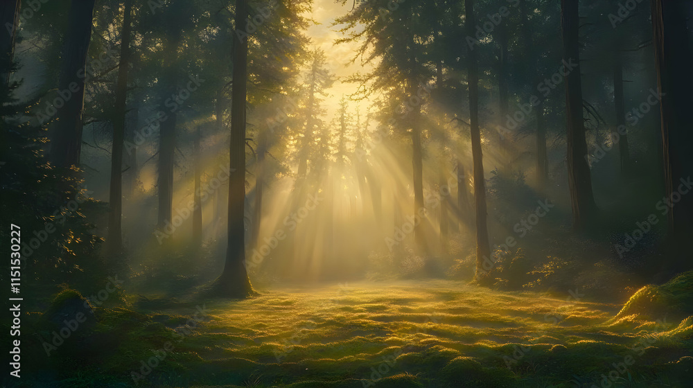 Obraz premium Sunbeams in a Misty Forest: A Magical Landscape