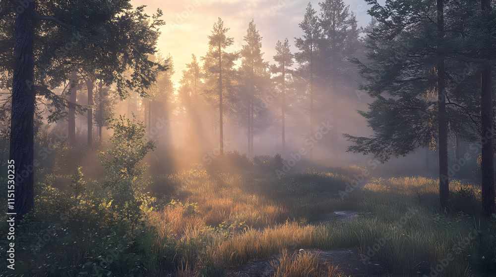 Obraz premium Misty Forest Sunrise: Sunbeams Through the Trees