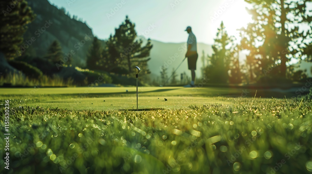 A cropped view of a figure engaged in a golf putting session on a picturesque course capturing a unique approach to the traditional sport A cropped view of a figure engaged in a golf putting session on a picturesque course capturing a unique approach to the traditional sport