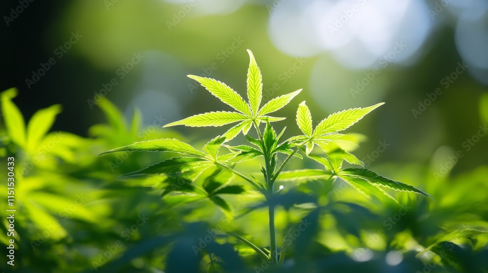 Obraz premium Cannabis Sativa leaves in a lush plantation field showcase their vibrant green color, emphasizing the beauty of Cannabis Sativa in agricultural settings with selective focus on the foliage.