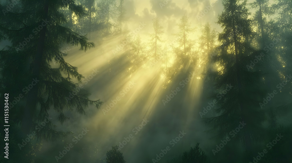 Sunbeams Through Misty Forest: A Peaceful Landscape Sunbeams Through Misty Forest: A Peaceful Landscape