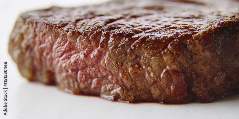 An up close view of a beef steak that has been cut from the rib section, showcasing its meat texture against a clean white background. An up close view of a beef steak that has been cut from the rib section, showcasing its meat texture against a clean white background.
