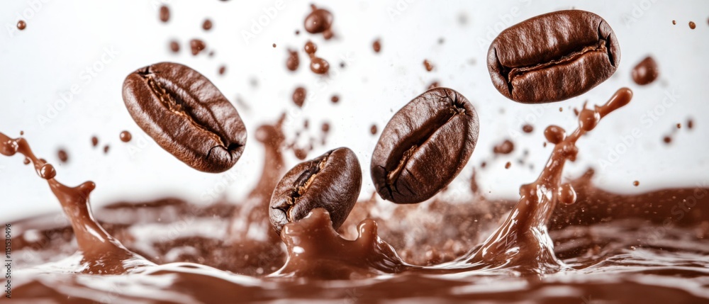 coffee beans falling into a pool of chocolate coffee beans falling into a pool of chocolate