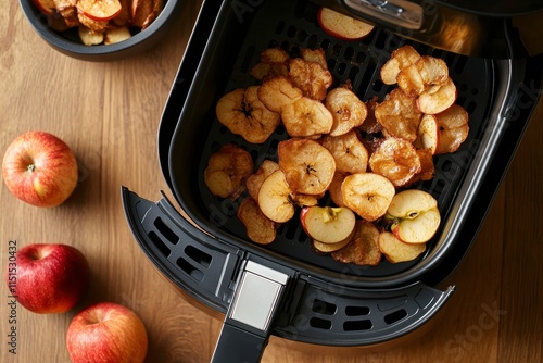 Wallpaper Mural Sliced and Crispy: Delicious Apple Chips in Air Fryer Basket on Wooden Surface with Fresh Apples Nearby for Healthy Snacking Inspiration and Culinary Creativity Torontodigital.ca