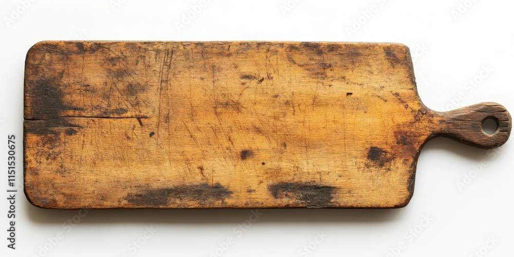 Fototapeta premium Worn chopping board with handle, showcasing its aged surface and rustic charm against a clean white background, ideal for emphasizing the beauty of an old chopping board.