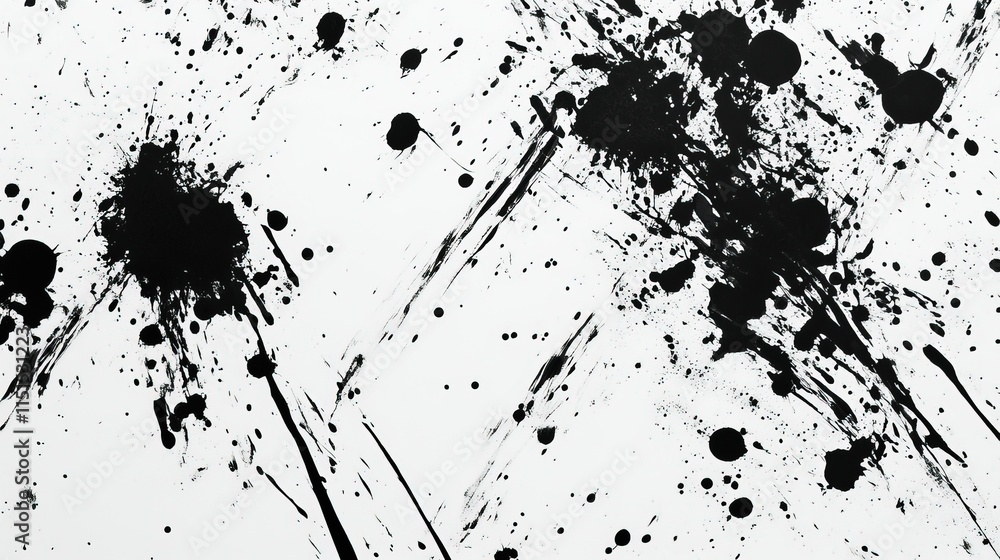 A chaotic pattern of ink splatters in deep black, scattered across a white canvas. A chaotic pattern of ink splatters in deep black, scattered across a white canvas.