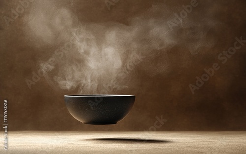 A rich black tea cup floating mid-air with steam rising dynamically, on a deep brown background