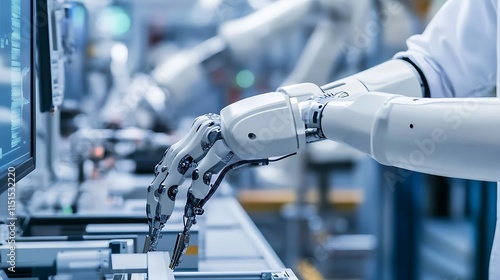 Robotic arm performing precision assembly task on a factory production line.