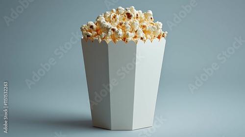 A visually appealing white popcorn box filled with fluffy popcorn against a soft gray background, perfect for movie nights. photo