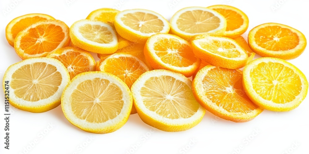 Mixed slices of lemon and orange arranged together. This vibrant display of lemon and orange slices on a white background showcases their bright colors and fresh appeal with a clean clipping path. Mixed slices of lemon and orange arranged together. This vibrant display of lemon and orange slices on a white background showcases their bright colors and fresh appeal with a clean clipping path.