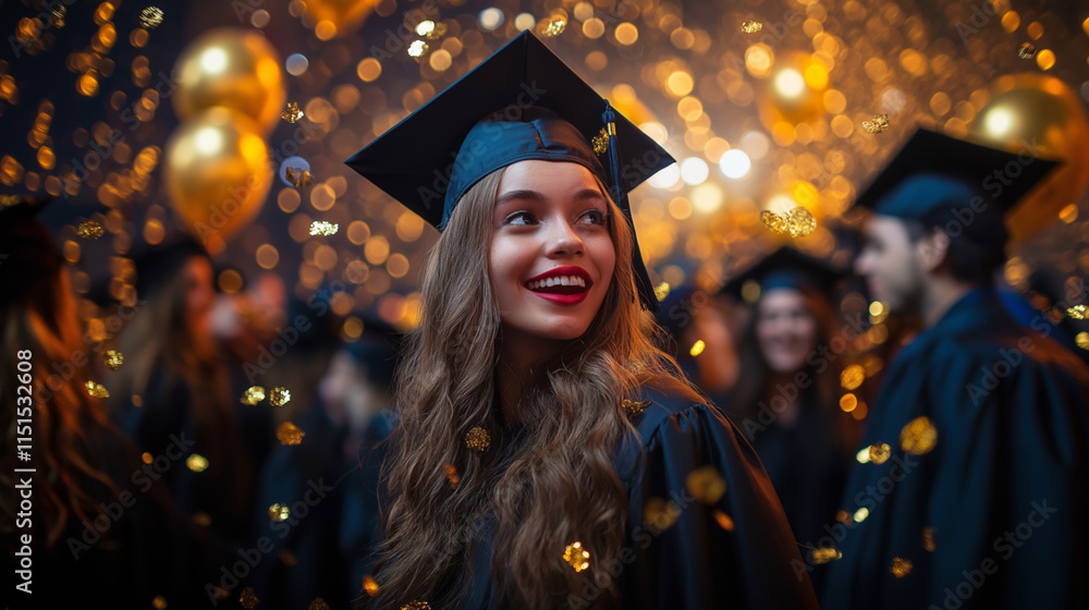 Obraz premium Smiling Female Graduate in Cap and Gown Celebrating with Golden Balloons and Glitter