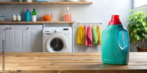 Sparkling clean laundry room: detergent bottles on a wooden table, ample copy space.