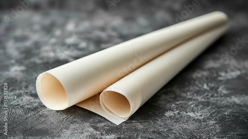 Two rolls of smooth, creamy paper resting on a textured dark surface. Ideal for packaging and design purposes. photo