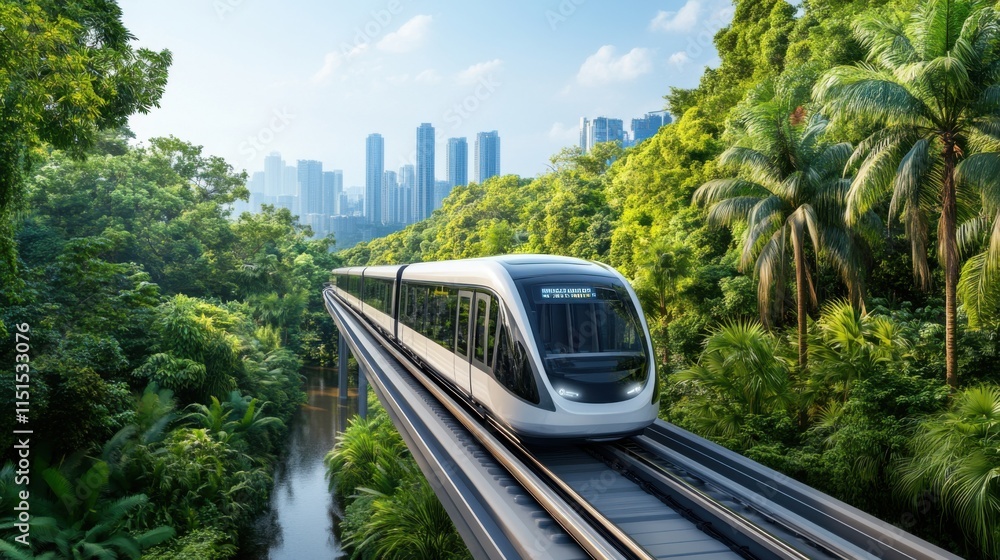 Naklejka premium Modern Train Running Through Lush Tropical Forest with City Skyline in Background